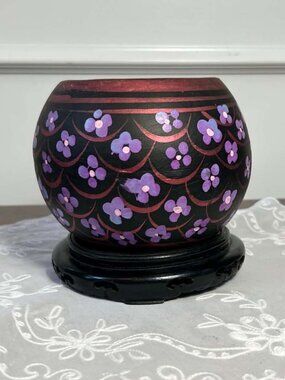 Mexican Folk Art Terracotta Ceramic Pot & Wooden Stand